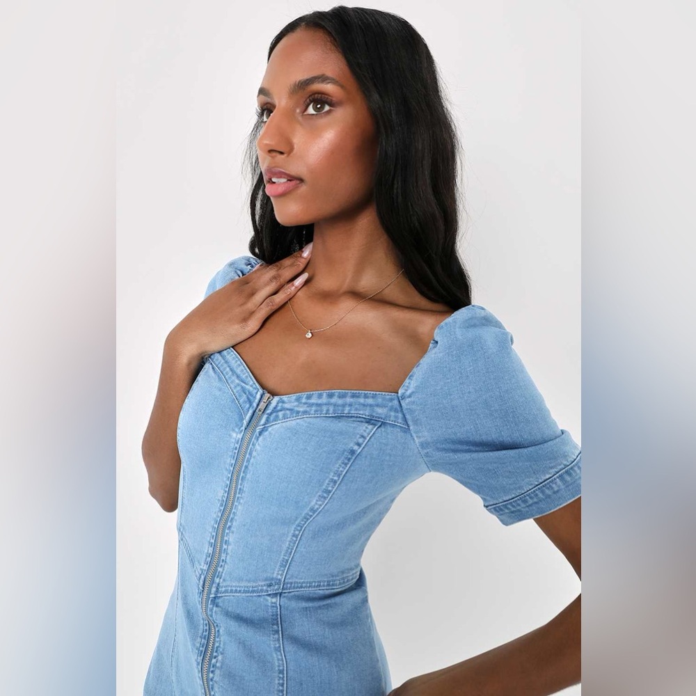 Lulus Trending Vibe Medium Wash Zip-Front Denim Dress - Picture 4 of 5